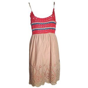 FLYING TOMATO Tan Pink Crochet Knit Cutout Sleeveless Dress Womens Size L Large